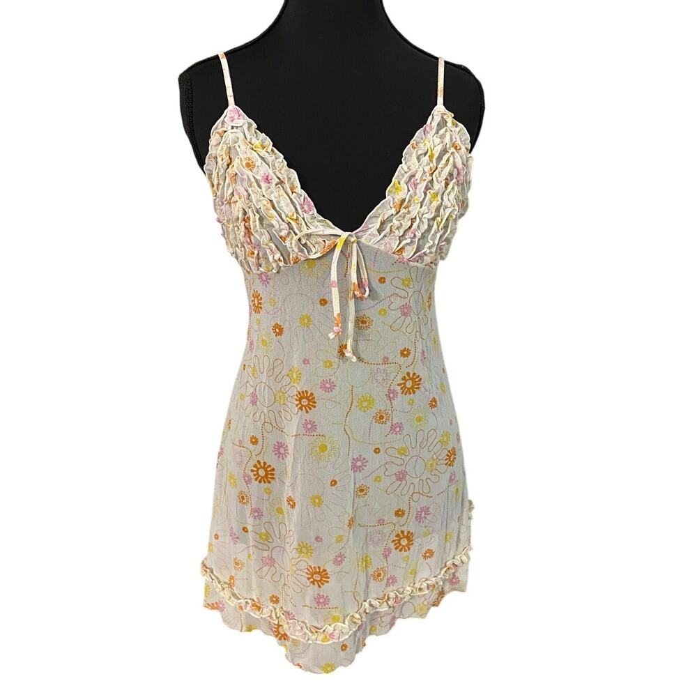 Ilusion Ruffle Bust‎ 70s Floral Babydoll Slip Night Dress Adjustable Straps Med